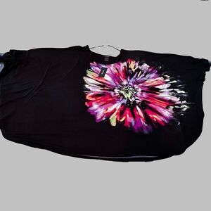 CIRCULAR TOP, BLACK & MULTICOLOUR, SIZE 3X, BRIGHT FLOWER WITH CRYSTALS, SOFT